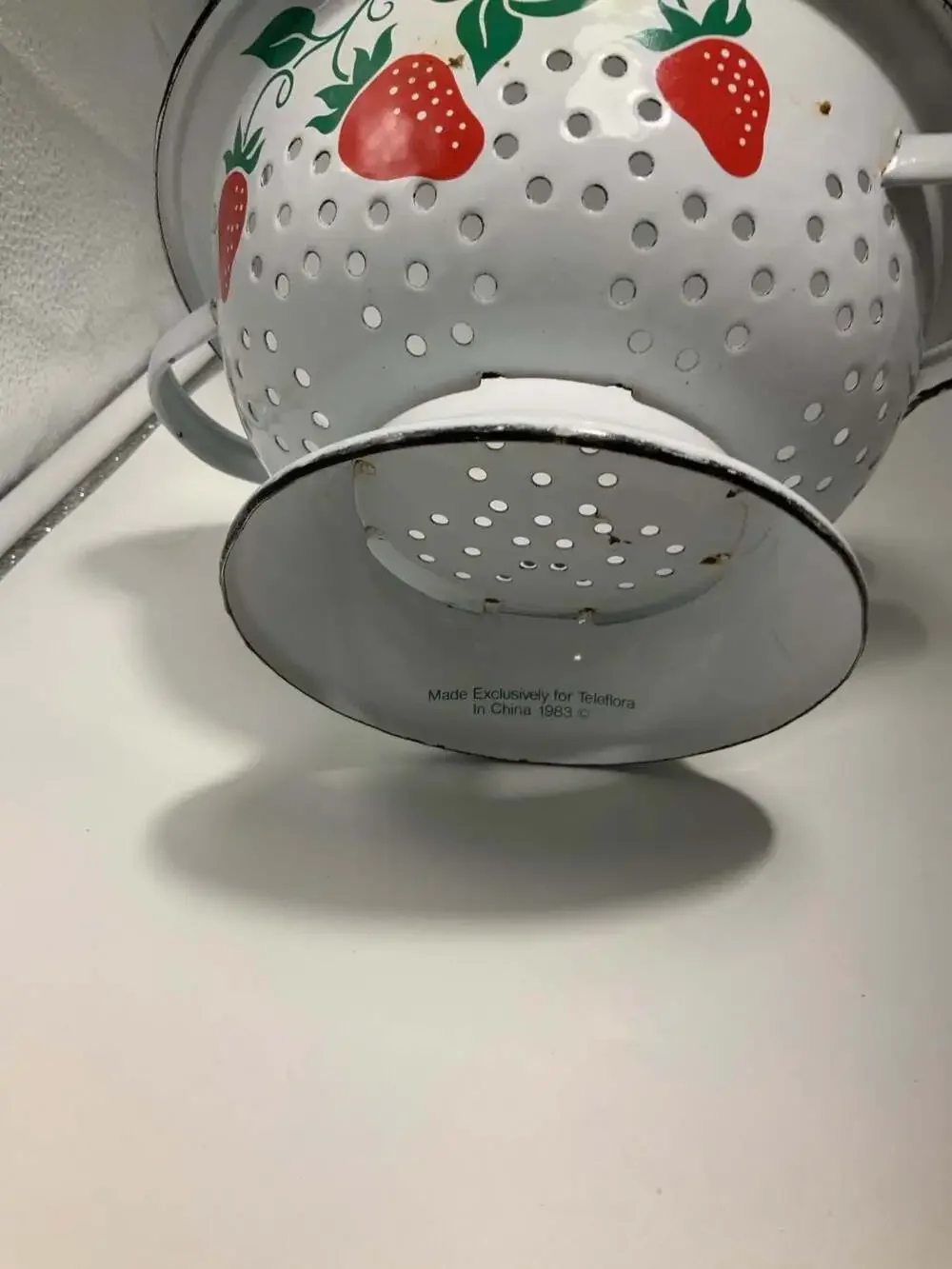 Vintage 1983 Teleflora White Enamel Strainer Colander with Strawberry Pattern